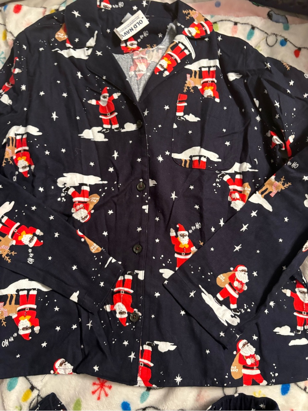 Old Navy Navy Blue Santa Print Button-Front Pajama set medium NWT